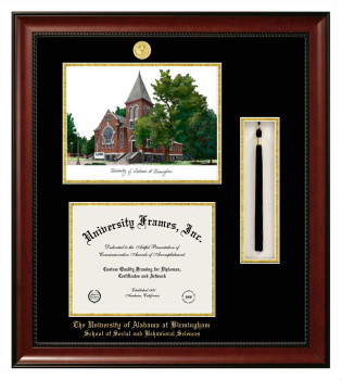 Double Opening with Campus Image & Tassel Box (Stacked) Frame in Avalon Mahogany with Black & Gold Mats for DOCUMENT: 8 1/2"H X 11"W  