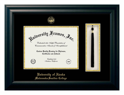 Diploma with Tassel Box Frame in Satin Black with Black & Gold Mats for DOCUMENT: 8 1/2"H X 11"W  