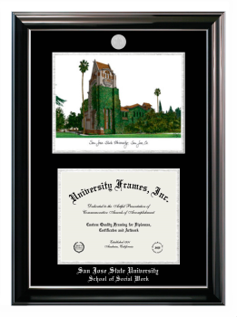 Double Opening with Campus Image (Stacked) Frame in Classic Ebony with Silver Trim with Black & Silver Mats for DOCUMENT: 8 1/2"H X 11"W  