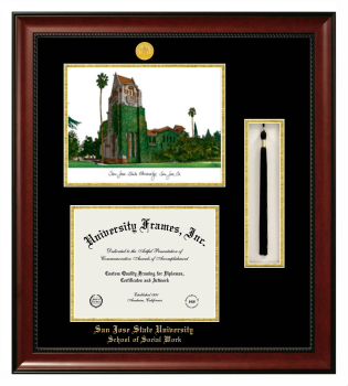 Double Opening with Campus Image & Tassel Box (Stacked) Frame in Avalon Mahogany with Black & Gold Mats for DOCUMENT: 8 1/2"H X 11"W  