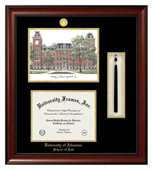 Double Opening with Campus Image & Tassel Box (Stacked) Frame in Avalon Mahogany with Black & Gold Mats for DOCUMENT: 8 1/2"H X 11"W  