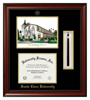 Double Opening with Campus Image & Tassel Box (Stacked) Frame in Avalon Mahogany with Black & Gold Mats for DOCUMENT: 8 1/2"H X 11"W  