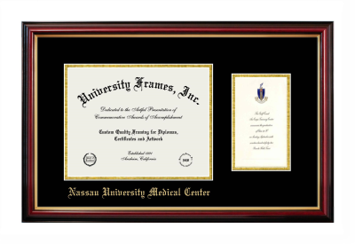 Diploma with Announcement Frame in Petite Mahogany with Gold Trim with Black & Gold Mats for DOCUMENT: 8 1/2"H X 11"W  ,  7"H X 4"W  