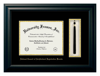 National Council of Architectural Registration Boards Diploma with Tassel Box Frame in Satin Black with Black & Gold Mats for DOCUMENT: 8 1/2"H X 11"W  