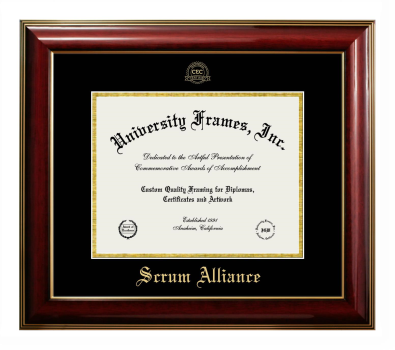 Scrum Alliance Diploma Frame in Classic Mahogany with Gold Trim with Black & Gold Mats for DOCUMENT: 8 1/2"H X 11"W  