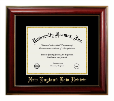 New England Law Review Diploma Frame in Classic Mahogany with Gold Trim with Black & Gold Mats for DOCUMENT: 8 1/2"H X 11"W  