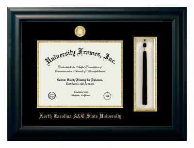 North Carolina A&T State University Diploma with Tassel Box Frame in Satin Black with Black & Gold Mats for DOCUMENT: 8 1/2"H X 11"W  