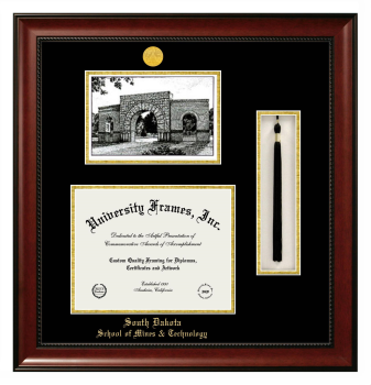 Double Opening with Campus Image & Tassel Box (Stacked) Frame in Avalon Mahogany with Black & Gold Mats for DOCUMENT: 8 1/2"H X 11"W  