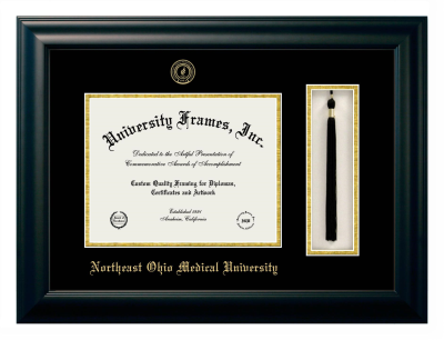 Northeast Ohio Medical University Diploma with Tassel Box Frame in Satin Black with Black & Gold Mats for DOCUMENT: 8 1/2"H X 11"W  