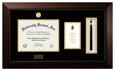 Diploma with Announcement & Tassel Box Frame in Legacy Black Cherry with Black & Gold Mats for DOCUMENT: 8 1/2"H X 11"W  ,  7"H X 4"W  