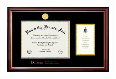 Diploma with Announcement Frame in Petite Mahogany with Gold Trim with Black & Gold Mats for DOCUMENT: 8 1/2"H X 11"W  ,  7"H X 4"W  