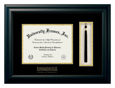 Southern Illinois University Edwardsville School of Pharmacy Diploma with Tassel Box Frame in Satin Black with Black & Gold Mats for DOCUMENT: 8 1/2"H X 11"W  