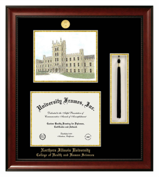 Double Opening with Campus Image & Tassel Box (Stacked) Frame in Avalon Mahogany with Black & Gold Mats for DOCUMENT: 8 1/2"H X 11"W  