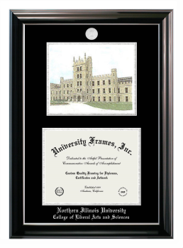 Double Opening with Campus Image (Stacked) Frame in Classic Ebony with Silver Trim with Black & Silver Mats for DOCUMENT: 8 1/2"H X 11"W  