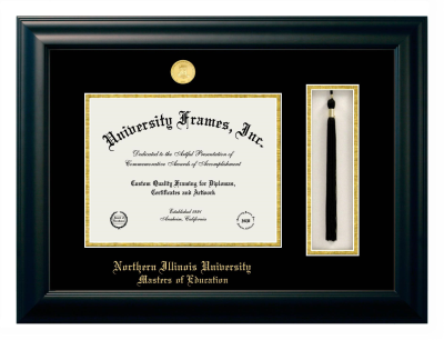 Northern Illinois University Masters of Education Diploma with Tassel Box Frame in Satin Black with Black & Gold Mats for DOCUMENT: 8 1/2"H X 11"W  