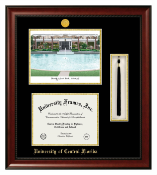 Double Opening with Campus Image & Tassel Box (Stacked) Frame in Avalon Mahogany with Black & Gold Mats for DOCUMENT: 8 1/2"H X 11"W  