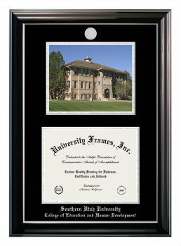 Double Opening with Campus Image (Stacked) Frame in Classic Ebony with Silver Trim with Black & Silver Mats for DOCUMENT: 8 1/2"H X 11"W  