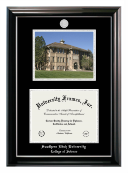 Double Opening with Campus Image (Stacked) Frame in Classic Ebony with Silver Trim with Black & Silver Mats for DOCUMENT: 8 1/2"H X 11"W  