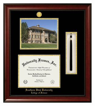 Double Opening with Campus Image & Tassel Box (Stacked) Frame in Avalon Mahogany with Black & Gold Mats for DOCUMENT: 8 1/2"H X 11"W  