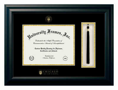 University of Chicago The Law School Diploma with Tassel Box Frame in Satin Black with Black & Gold Mats for DOCUMENT: 8 1/2"H X 11"W  