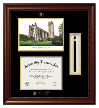 Double Opening with Campus Image & Tassel Box (Stacked) Frame in Avalon Mahogany with Black & Gold Mats for DOCUMENT: 8 1/2"H X 11"W  