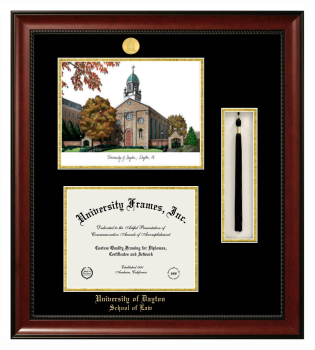 Double Opening with Campus Image & Tassel Box (Stacked) Frame in Avalon Mahogany with Black & Gold Mats for DOCUMENT: 8 1/2"H X 11"W  