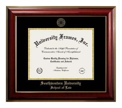 Southwestern University School of Law Diploma Frame in Classic Mahogany with Gold Trim with Black & Gold Mats for DOCUMENT: 8 1/2"H X 11"W  