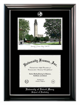 Double Opening with Campus Image (Stacked) Frame in Classic Ebony with Silver Trim with Black & Silver Mats for DOCUMENT: 8 1/2"H X 11"W  