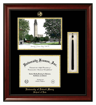 Double Opening with Campus Image & Tassel Box (Stacked) Frame in Avalon Mahogany with Black & Gold Mats for DOCUMENT: 8 1/2"H X 11"W  