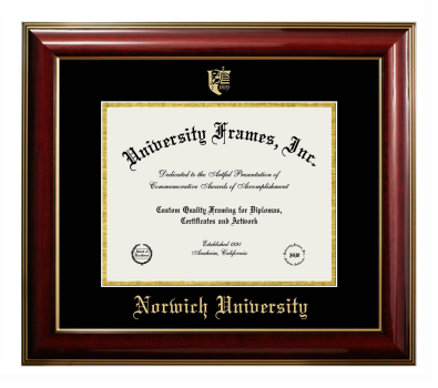 Norwich University Diploma Frame in Classic Mahogany with Gold Trim with Black & Gold Mats for DOCUMENT: 8 1/2"H X 11"W  