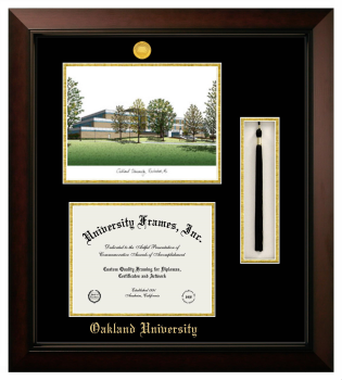 Double Opening with Campus Image & Tassel Box (Stacked) Frame in Legacy Black Cherry with Black & Gold Mats for DOCUMENT: 8 1/2"H X 11"W  