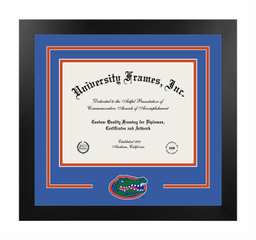 Logo Mat Frame in Manhattan Black with Royal Blue & Orange Mats for DOCUMENT: 8 1/2"H X 11"W  