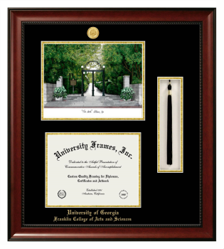 Double Opening with Campus Image & Tassel Box (Stacked) Frame in Avalon Mahogany with Black & Gold Mats for DOCUMENT: 8 1/2"H X 11"W  