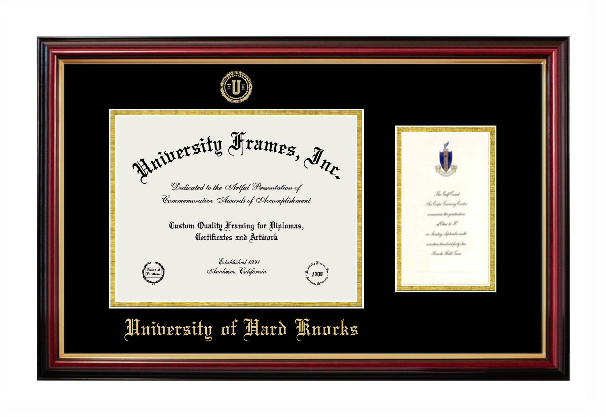 University Of Hard Knocks Diploma With Announcement Frame In Petite Mahogany With Gold Trim With Black Gold Mats