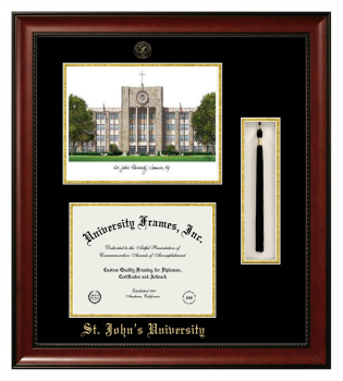 Double Opening with Campus Image & Tassel Box (Stacked) Frame in Avalon Mahogany with Black & Gold Mats for DOCUMENT: 8 1/2"H X 11"W  