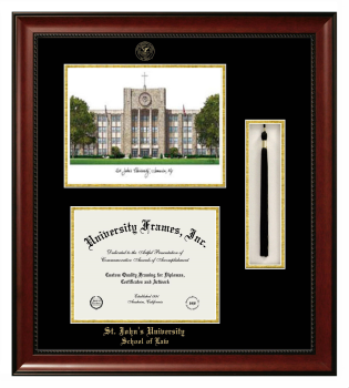 Double Opening with Campus Image & Tassel Box (Stacked) Frame in Avalon Mahogany with Black & Gold Mats for DOCUMENT: 8 1/2"H X 11"W  