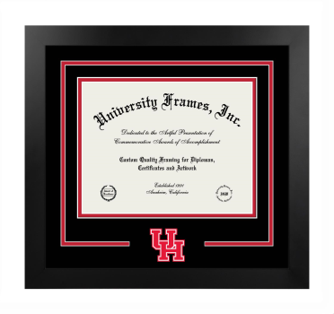 University of Houston Logo Mat Frame in Manhattan Black with Black & Red Mats for DOCUMENT: 8 1/2"H X 11"W  