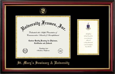 Diploma with Announcement Frame in Petite Mahogany with Gold Trim with Black & Gold Mats for DOCUMENT: 8 1/2"H X 11"W  ,  7"H X 4"W  