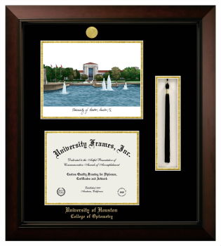 Double Opening with Campus Image & Tassel Box (Stacked) Frame in Legacy Black Cherry with Black & Gold Mats for DOCUMENT: 8 1/2"H X 11"W  