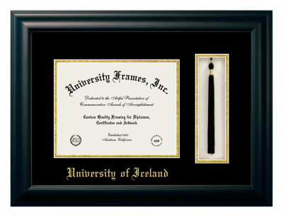 University of Iceland Diploma with Tassel Box Frame in Satin Black with Black & Gold Mats for DOCUMENT: 8 1/2"H X 11"W  