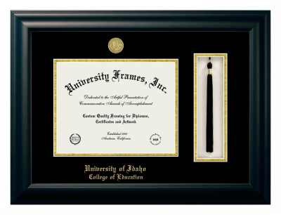 University of Idaho College of Education Diploma with Tassel Box Frame in Satin Black with Black & Gold Mats for DOCUMENT: 8 1/2"H X 11"W  