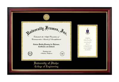 Diploma with Announcement Frame in Petite Mahogany with Gold Trim with Black & Gold Mats for DOCUMENT: 8 1/2"H X 11"W  ,  7"H X 4"W  