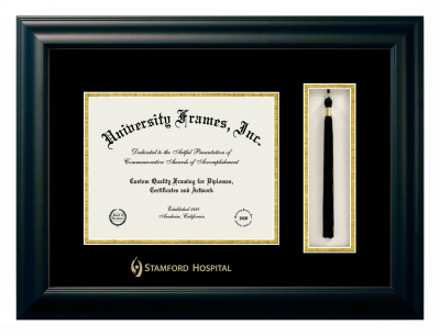 Stamford Hospital Diploma with Tassel Box Frame in Satin Black with Black & Gold Mats for DOCUMENT: 8 1/2"H X 11"W  