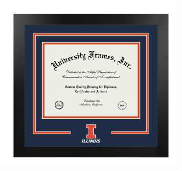 University of Illinois Logo Mat Frame in Manhattan Black with Navy Blue & Orange Mats for DOCUMENT: 8 1/2"H X 11"W  