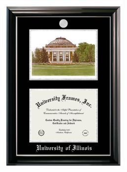 Double Opening with Campus Image (Stacked) Frame in Classic Ebony with Silver Trim with Black & Silver Mats for DOCUMENT: 8 1/2"H X 11"W  