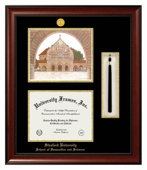 Double Opening with Campus Image & Tassel Box (Stacked) Frame in Avalon Mahogany with Black & Gold Mats for DOCUMENT: 8 1/2"H X 11"W  