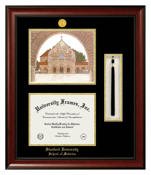 Double Opening with Campus Image & Tassel Box (Stacked) Frame in Avalon Mahogany with Black & Gold Mats for DOCUMENT: 8 1/2"H X 11"W  