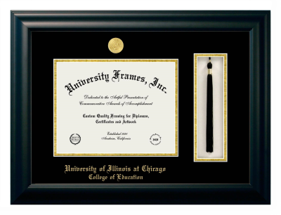 University of Illinois at Chicago College of Education Diploma with Tassel Box Frame in Satin Black with Black & Gold Mats for DOCUMENT: 8 1/2"H X 11"W  