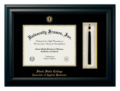 Diploma with Tassel Box Frame in Satin Black with Black & Gold Mats for DOCUMENT: 8 1/2"H X 11"W  