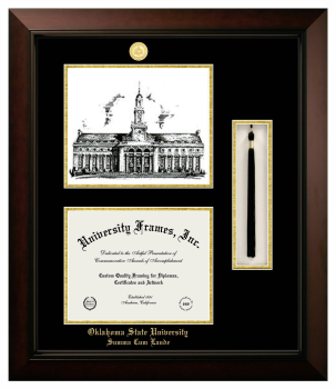 Double Opening with Campus Image & Tassel Box (Stacked) Frame in Legacy Black Cherry with Black & Gold Mats for DOCUMENT: 8 1/2"H X 11"W  